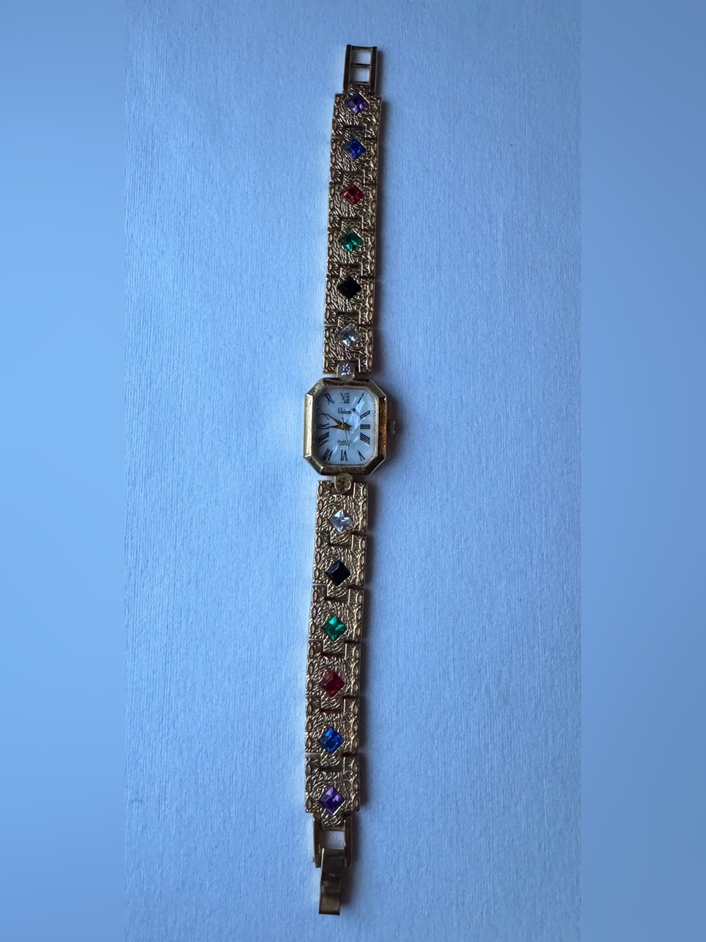 Vintage Vivani Women’s Watch Quartz Gold Tone Links With Multicolor Stone Insets